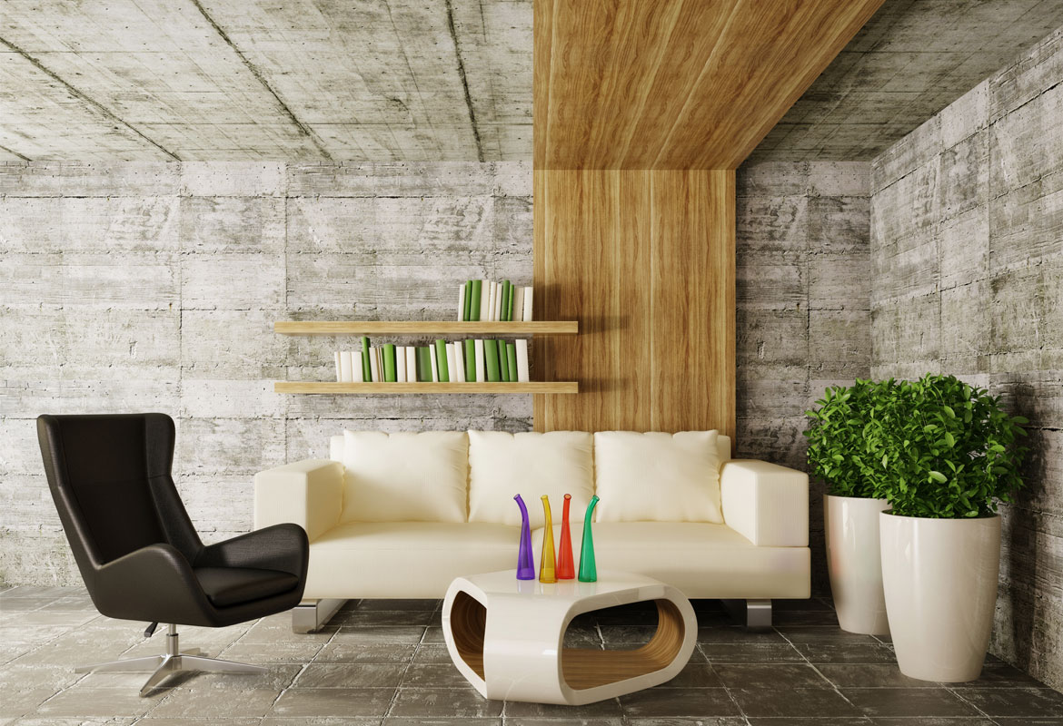 Nowoczesny salon: betonowe ściany i drewniany akcent